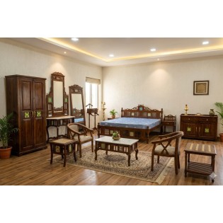 Premium Shekhawati Style Teak Wood Bedroom Set - Ceramic Tile Inlay & White Marble Top - Includes Wardrobe, Dresser, Bed, and Coffee Table