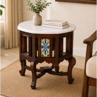 Teak Wood Coffee table With Marble & Ceramic Art
