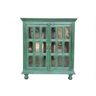 Wooden Cabinet In Green Distress Wax Antique Finish