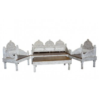 Wooden Sofa Set of 4 In White Distress Finish With Carving