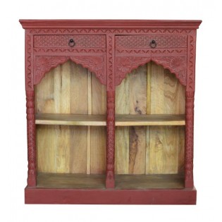 Wooden BookShelf In Red Colour With Carving & 2 Drawer