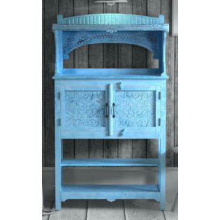 Wooden Shoe Cabinet In Blue Distress Finish With Carving Flower In Door