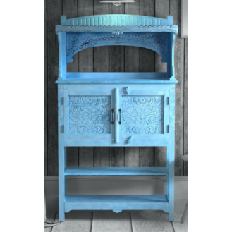 Wooden Shoe Cabinet In Blue Distress Finish With Carving Flower In Door Wooden Shoe Cabinet In Blue Distress Finish With Carving Flower In Door